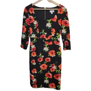 Bisou Bisou Red Poppy Flower Dress 6 Bodycon Midi Floral Black Michele Bohbot